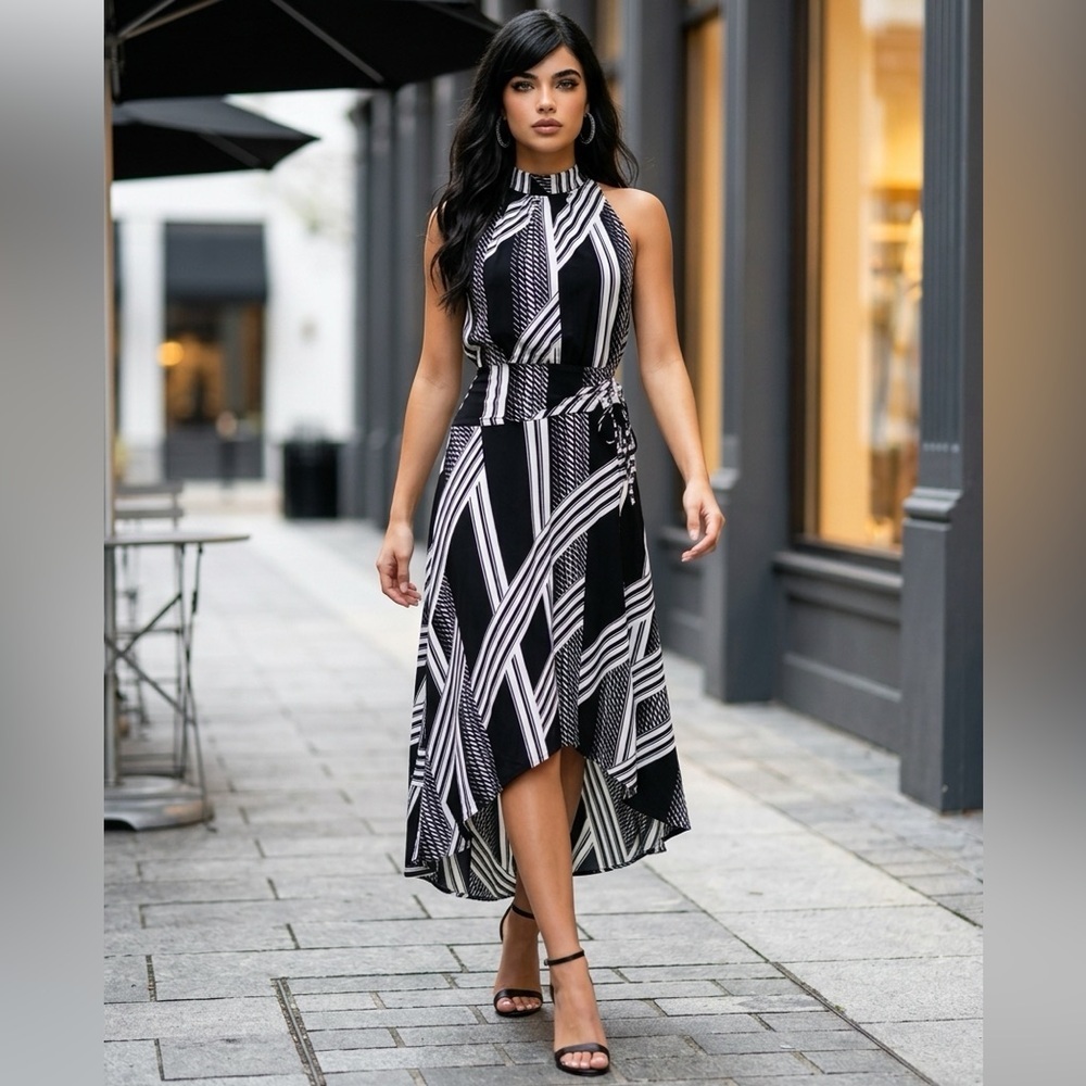Karl Lagerfeld Paris SZ0 black & white abstract print dress. Bust 34”, waist 26”